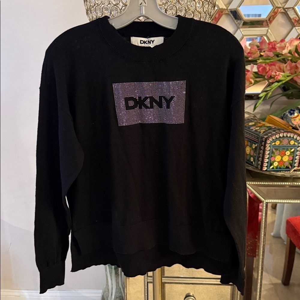 DKNY Black Sweater with Rhinestone Logo size S NWT 89$
